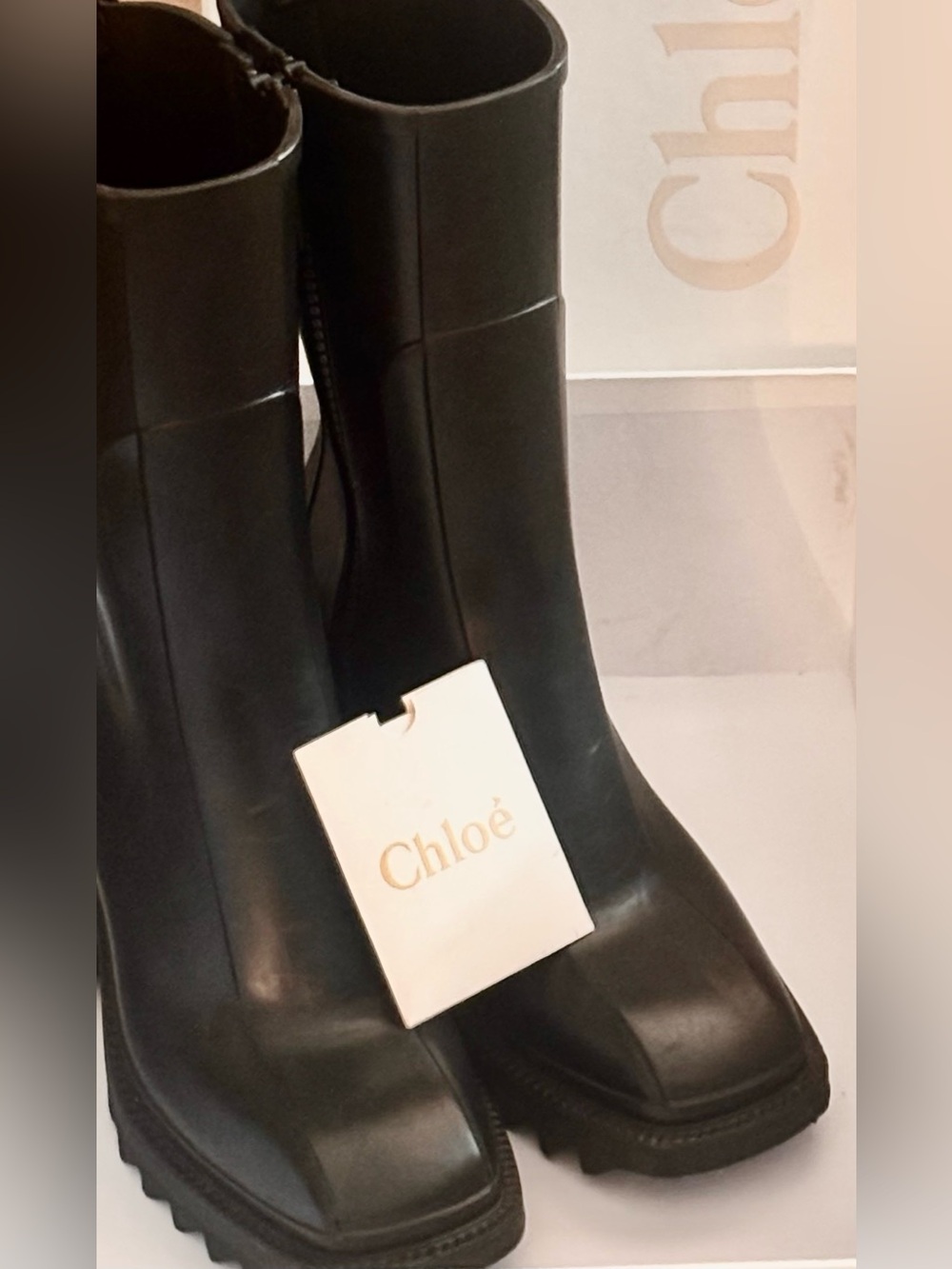 Chloe Rain Combat Boots Chunky Heel Waterproof Zipper Closure With Box and Card